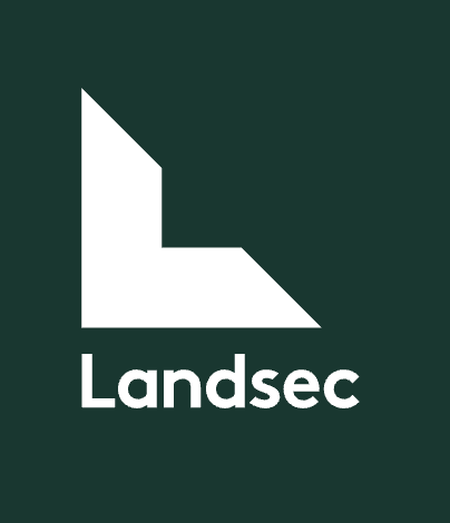Landsec company logo featuring a white geometric L-shape on a dark green background with bold white text.