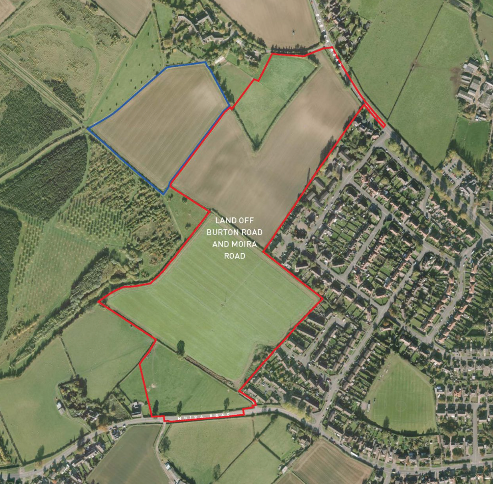 Aerial map showing land off Burton Road and Monks Road outlined in red, a green field development site near a residential area.