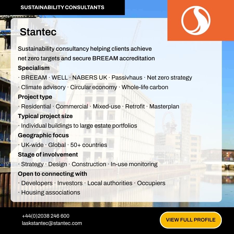 Stantec sustainability consultants profile card detailing BREEAM,net zero,and climate advisory services across UK and global projects.