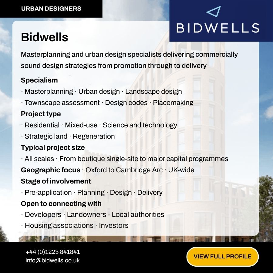 Bidwells urban designers ad showcasing masterplanning and urban design services with specialisms, project types, and contact details.