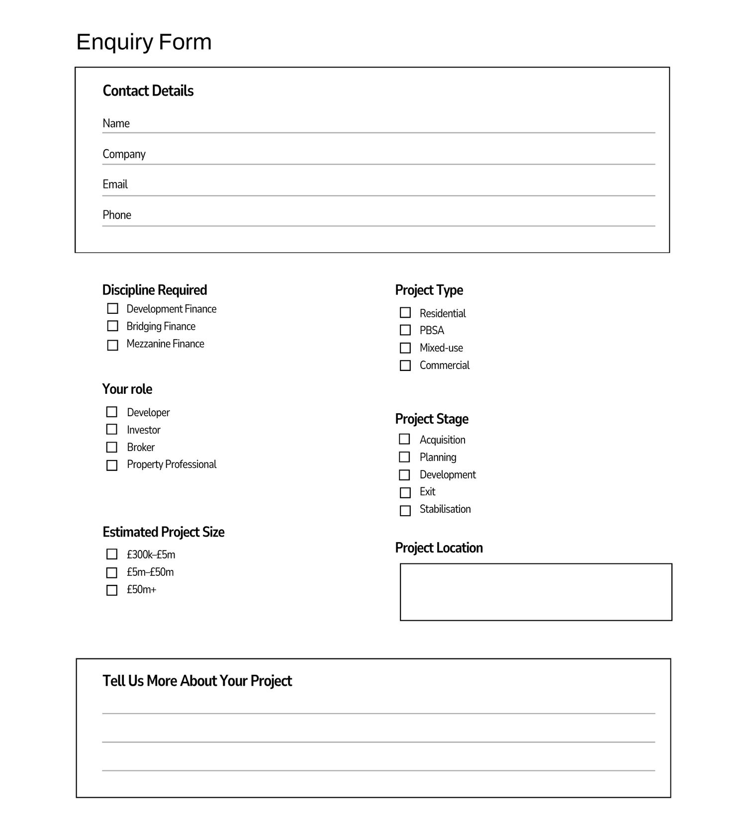 Blank enquiry form with fields for contact details, discipline, project type, role, stage, size, and location.