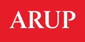 ARUP logo featuring bold white serif text on a vibrant red background.