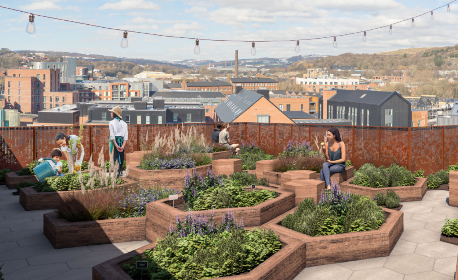 Rooftop garden with raised planters, string lights, and people enjoying urban greenery with city skyline views.