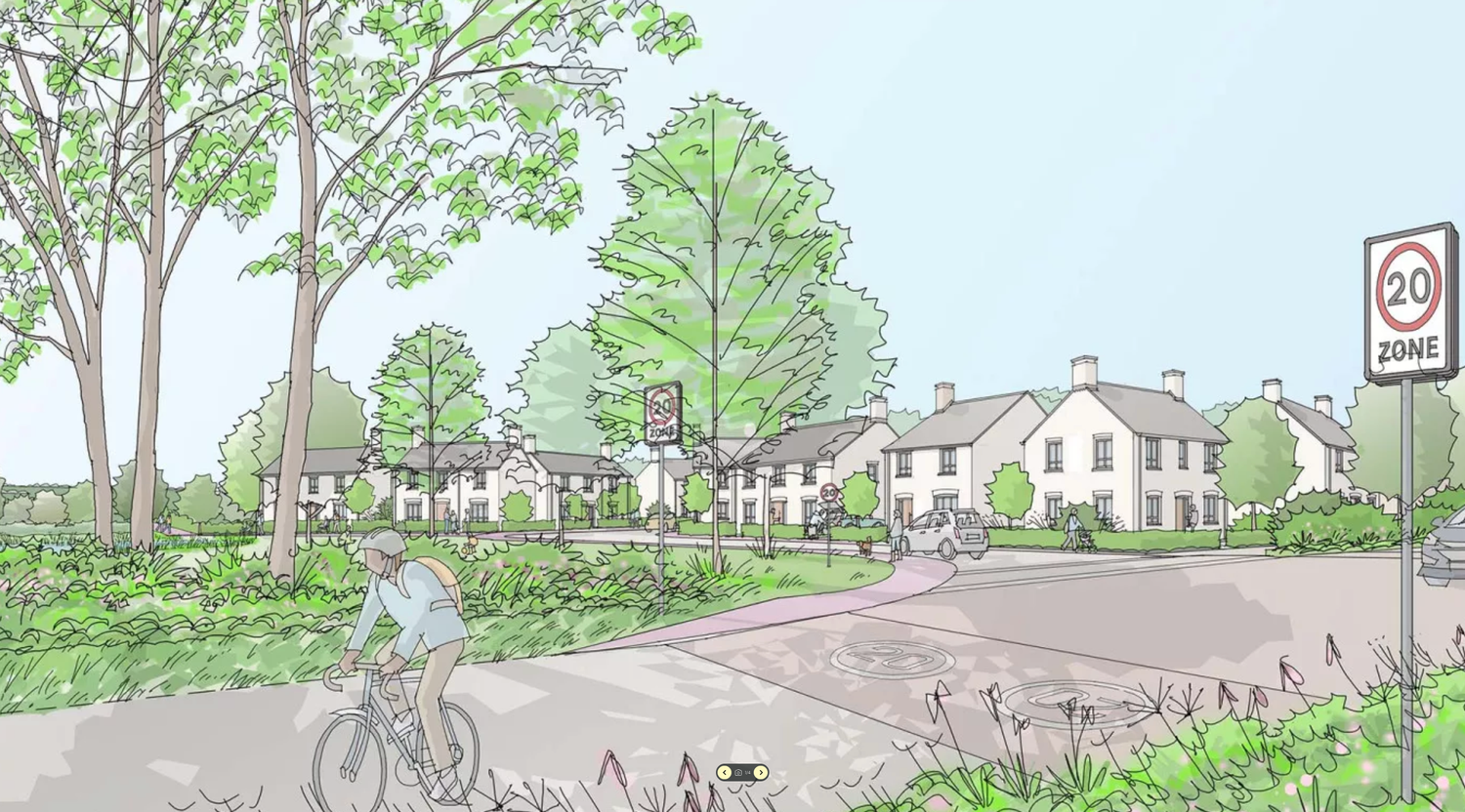 A panoramic watercolor illustration of a suburban neighborhood with trees, houses, and people cycling on the street.