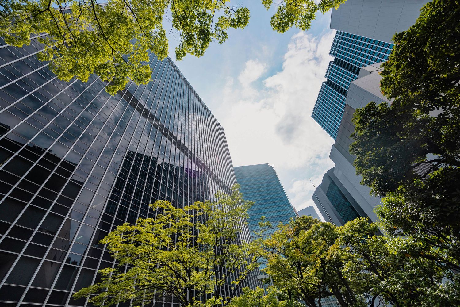 Upward view of modern glass skyscrapers surrounded by lush green trees against a partly cloudy blue sky.
