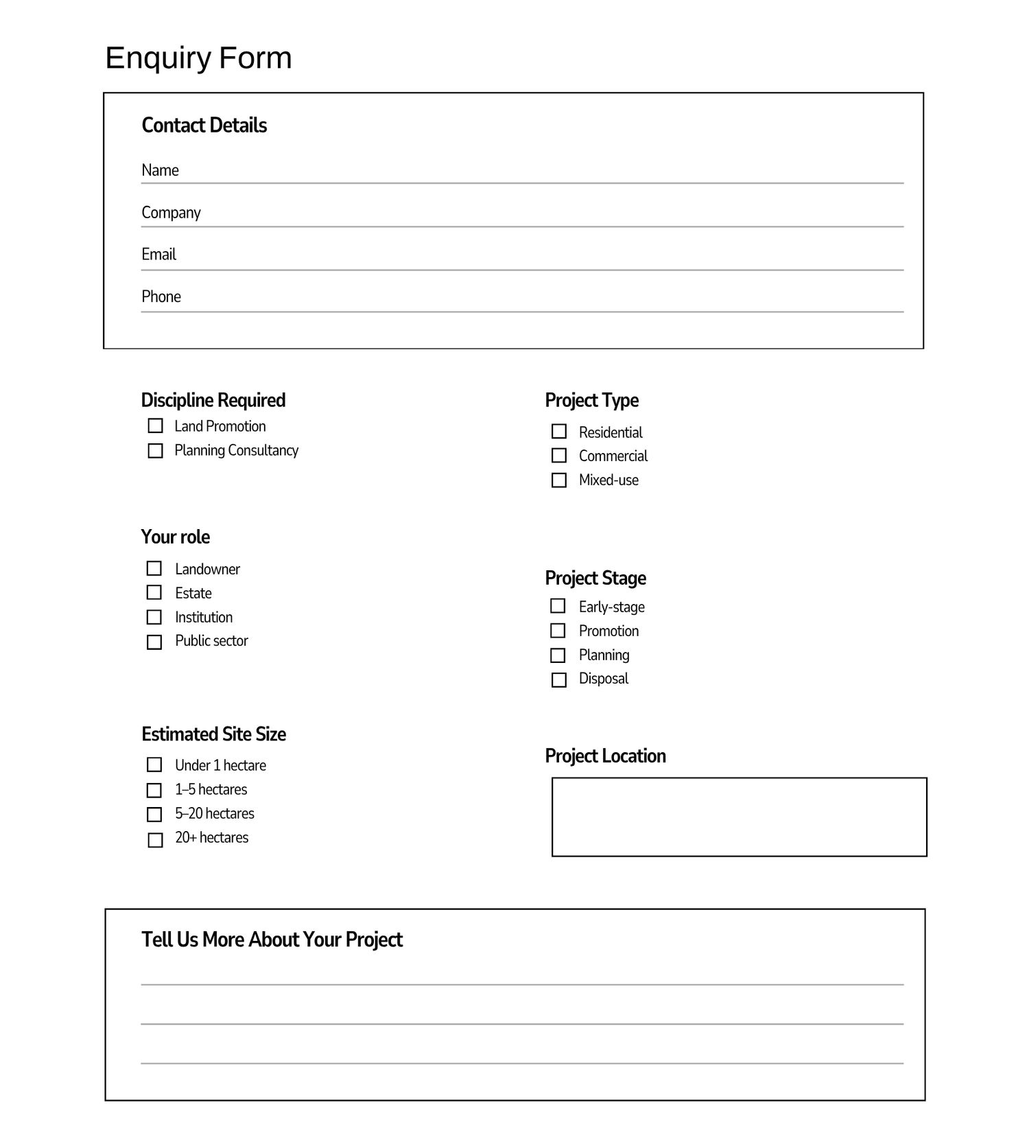 A clean enquiry form with fields for contact details, discipline, project type, role, stage, site size, and location.