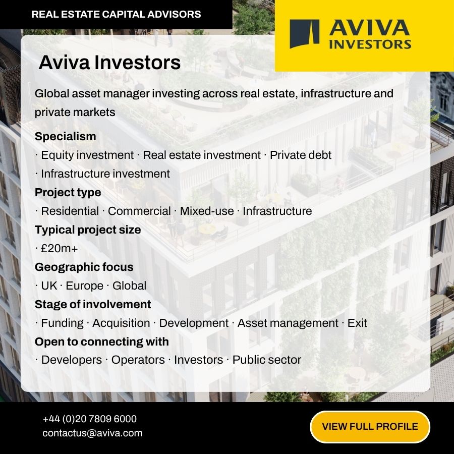 Aviva Investors real estate capital advisors profile card showing specialisms, project types, and contact details.