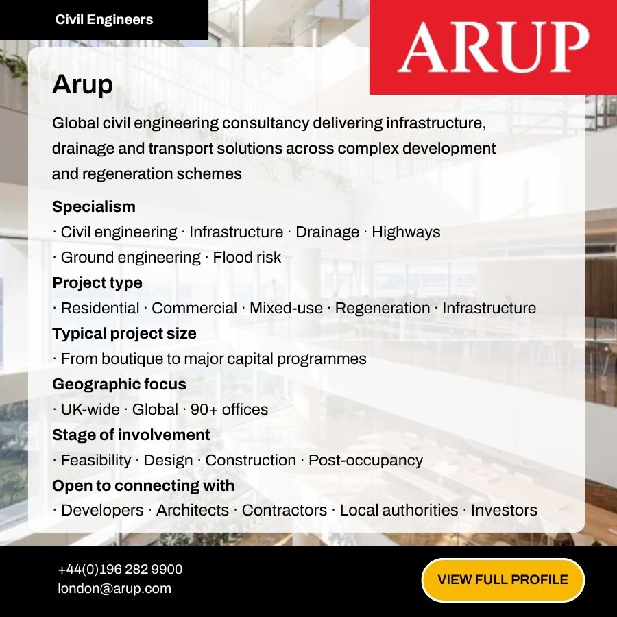 Arup civil engineering consultancy profile card showcasing specialisms, project types, and contact details for infrastructure solutions.