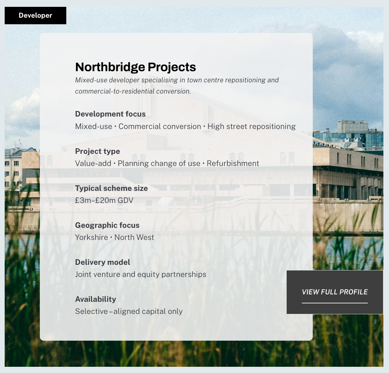 Real estate development project overview with location details and property specifications.