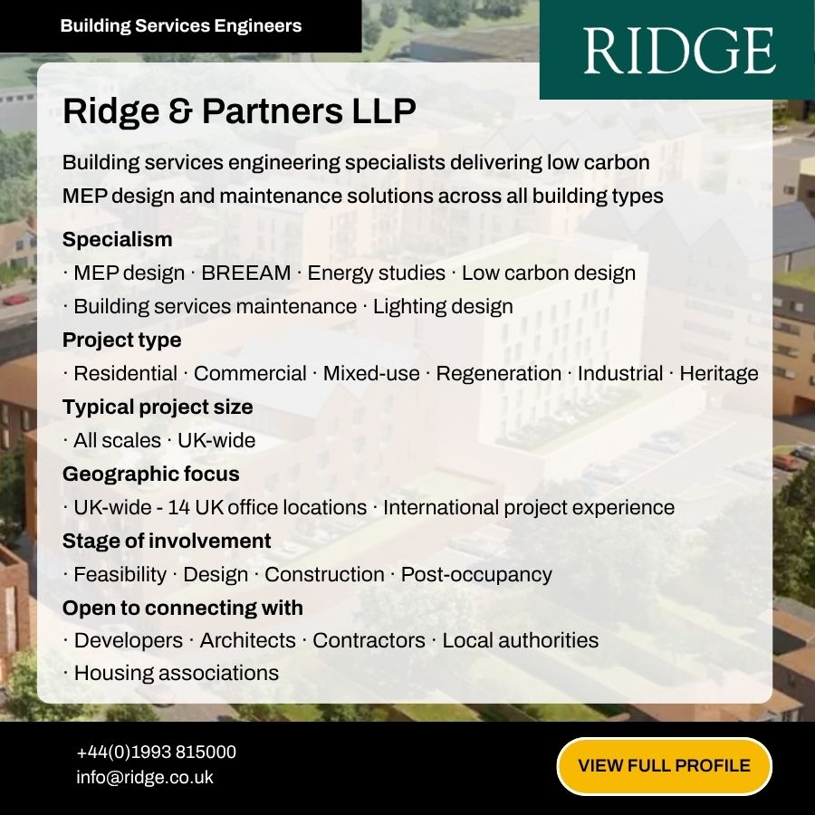 Ridge & Partners LLP building services engineering company profile card showing specialisms, project types, and contact details.
