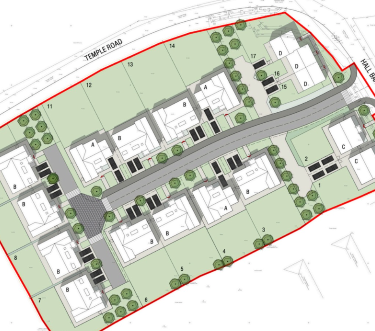 Architectural site plan showing residential housing development layout with roads, gardens, and building plots outlined in red.