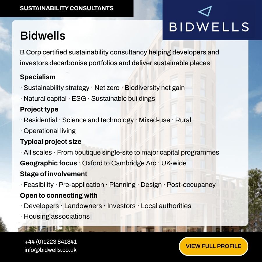 Bidwells sustainability consultancy profile card showing services, project types, and contact details for B Corp certified firm.