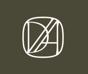 Minimalist DA monogram logo with overlapping letters in cream on olive green background.