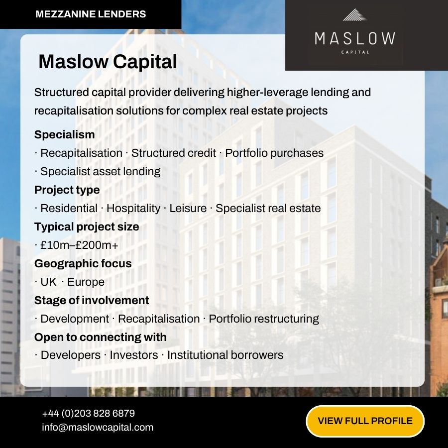 Maslow Capital mezzanine lender profile card detailing structured capital solutions for real estate projects across UK and Europe.