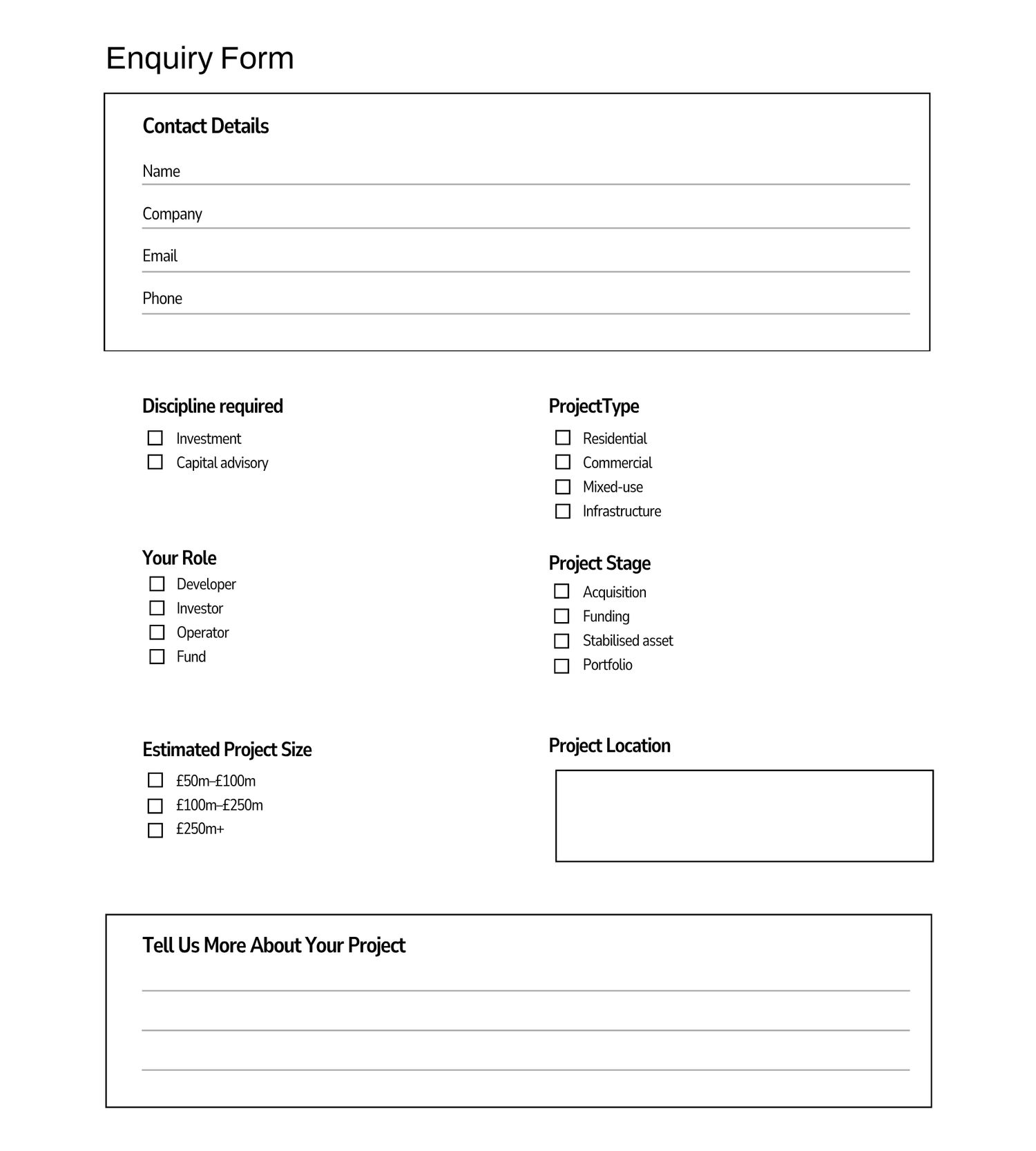 A professional enquiry form with contact details, discipline, project type, role, stage, size, and location fields.
