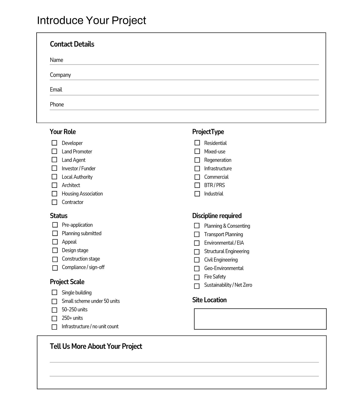 Project introduction form with contact details, role, project type, status, scale, discipline, and site location fields.