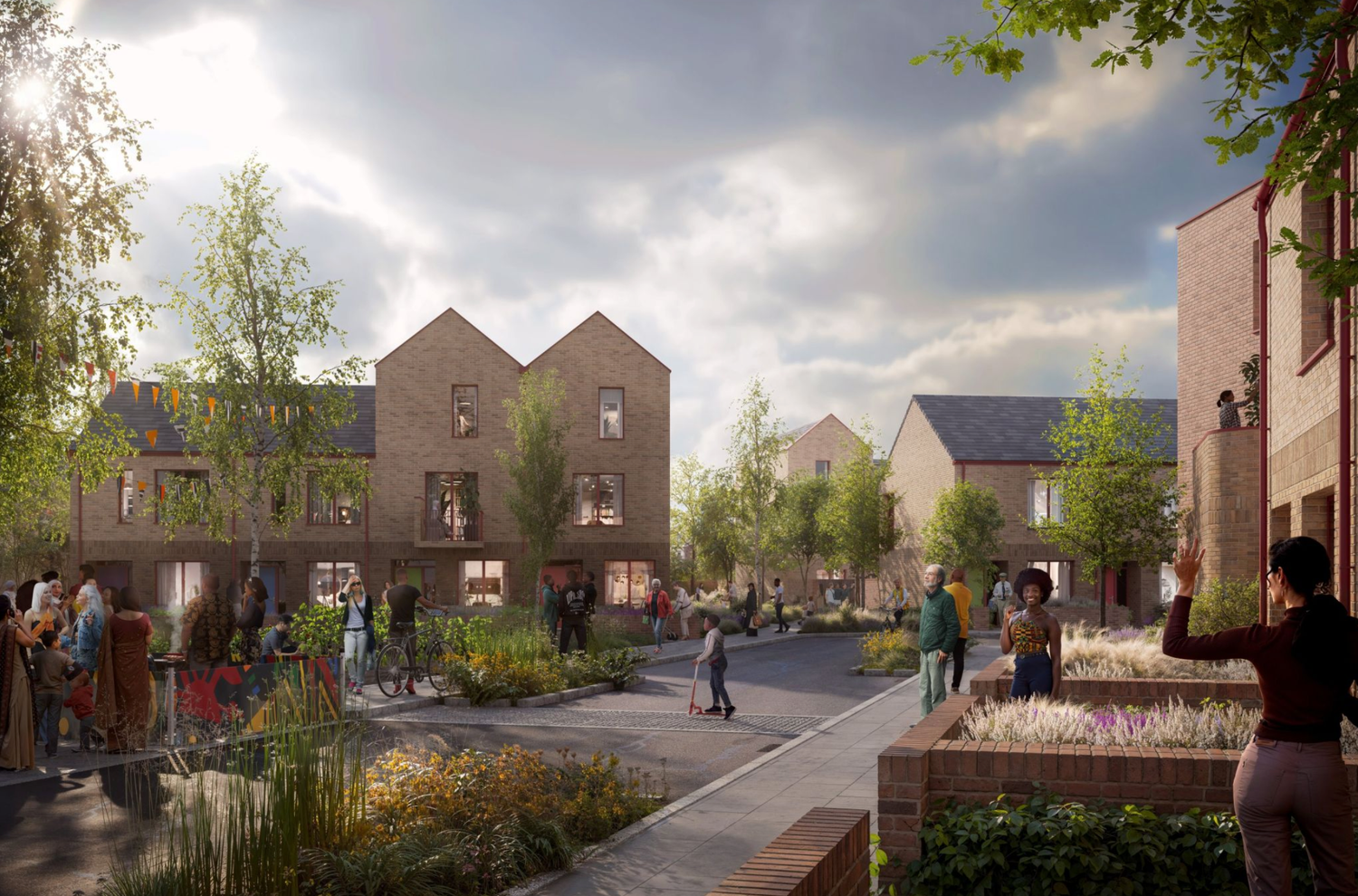 Modern residential development with brick homes, green landscaping, and pedestrian pathways in a vibrant community setting.
