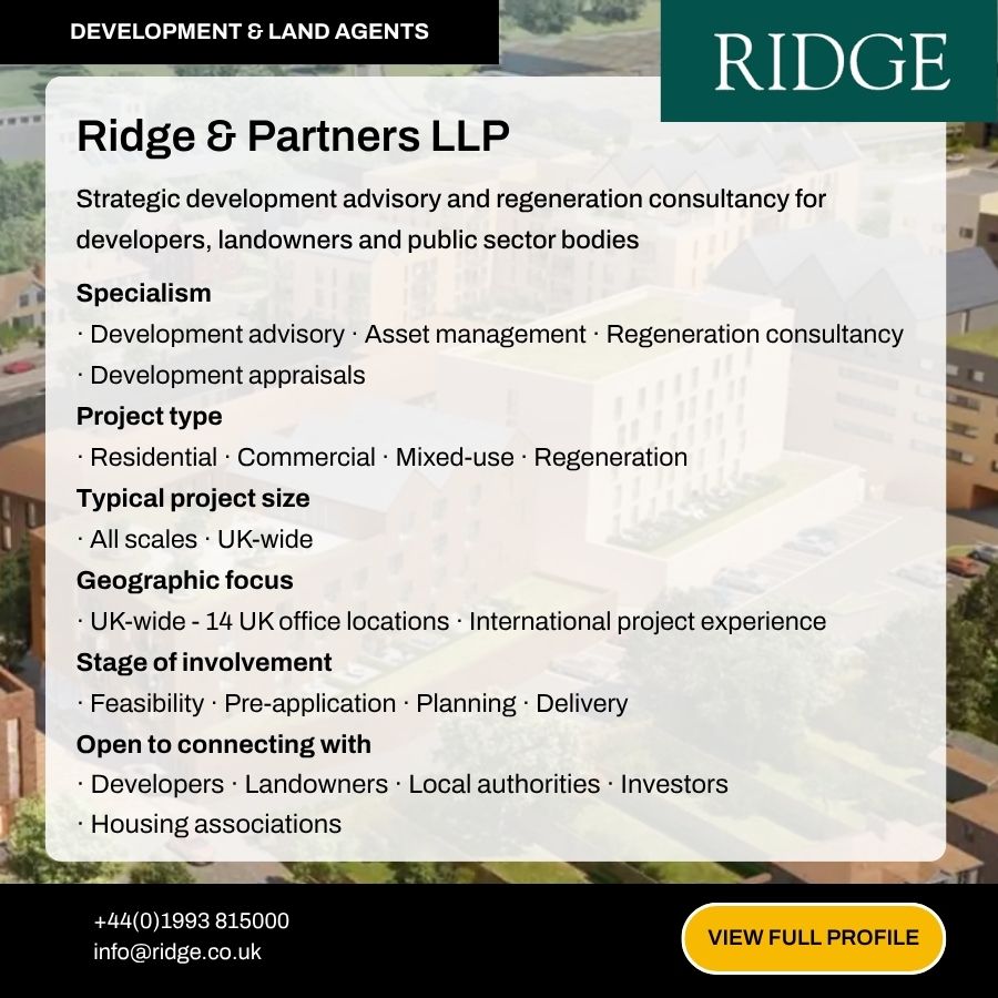 Ridge & Partners LLP development and land agents profile card detailing services, specialisms, and UK-wide project expertise.