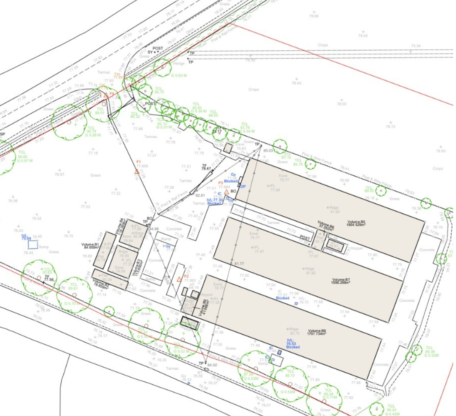 Architectural site plan showing building layout with parking areas, landscaping trees marked in green circles, and property boundaries.