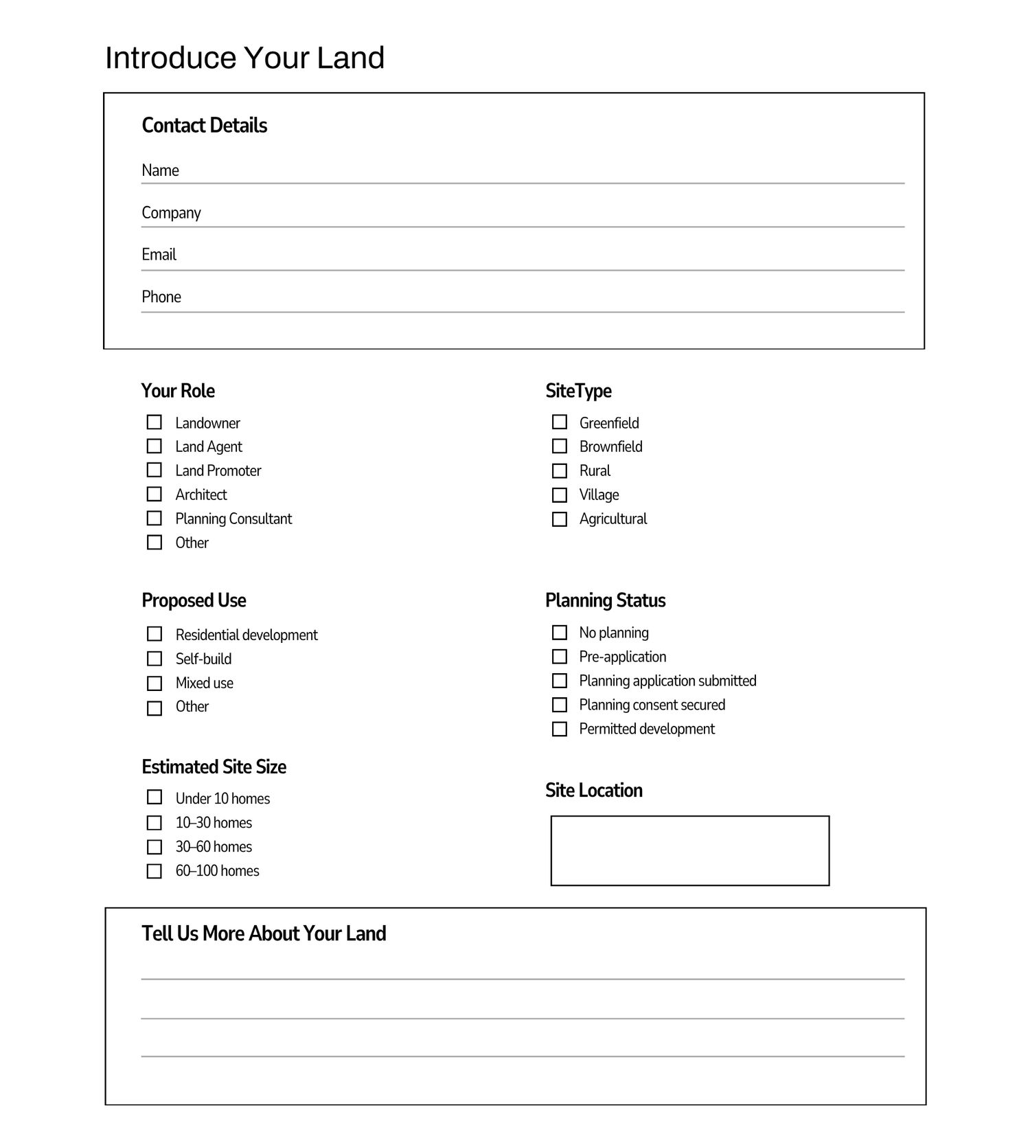 A land introduction form with fields for contact details, role, site type, proposed use, planning status, estimated size, and location.