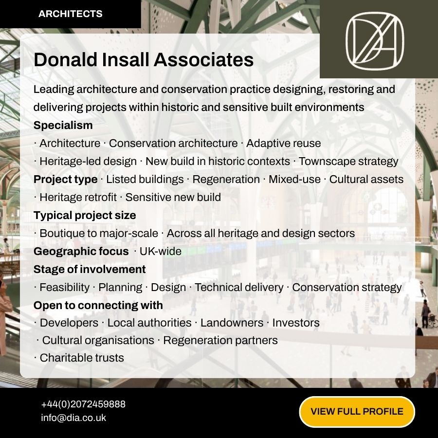 Donald Insall Associates architects profile card showcasing conservation and heritage architecture services across the UK.