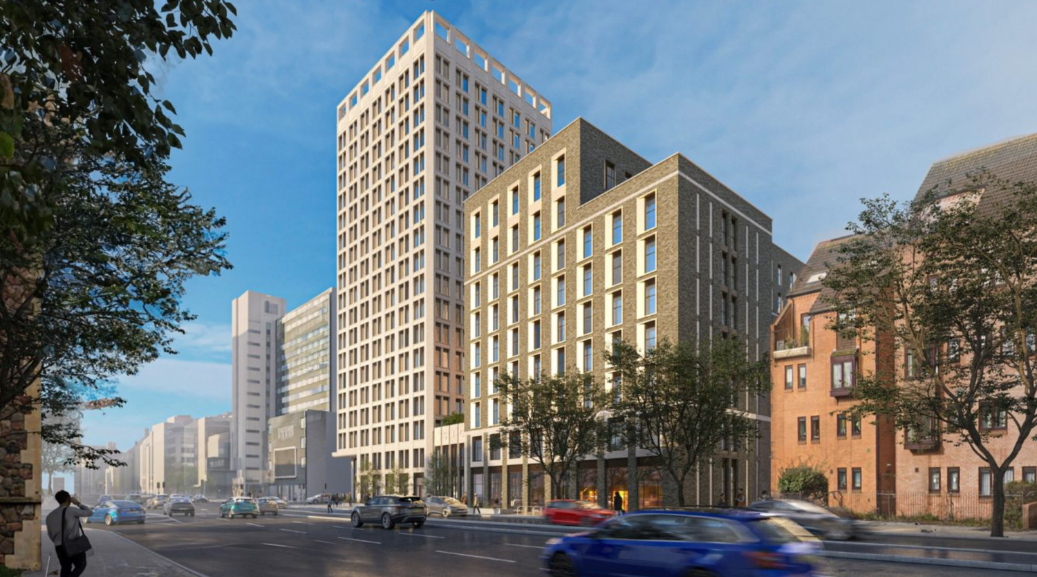 Modern mixed-use high-rise building development rendering showing contemporary urban architecture on a city street corner.