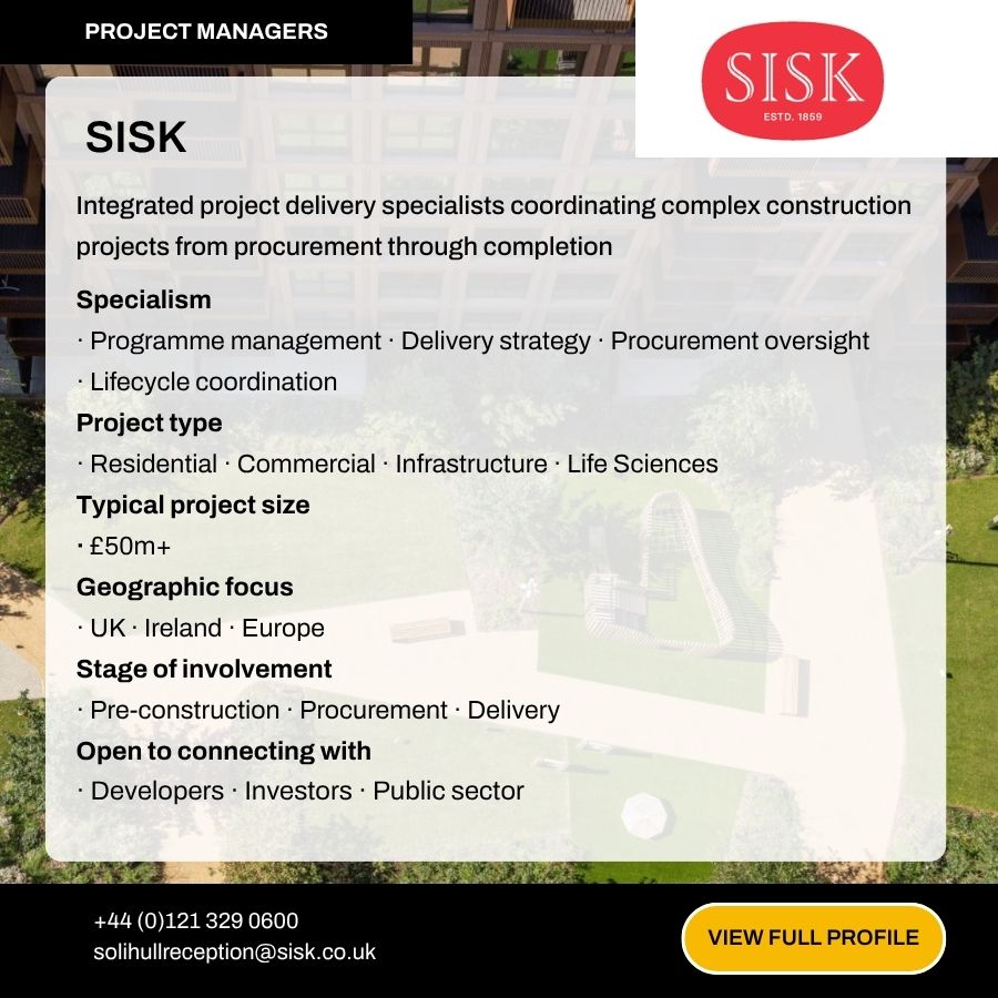 SISK project managers profile card detailing construction specialisms, project types, and geographic focus across UK, Ireland, and Europe.