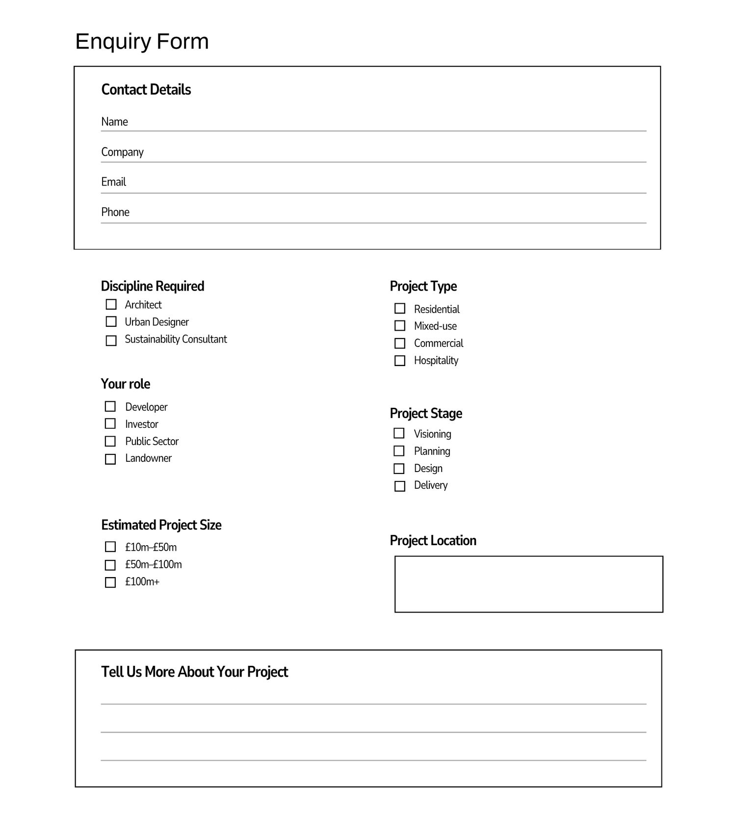Professional enquiry form template with contact details, discipline, project type, stage, size, and location fields.