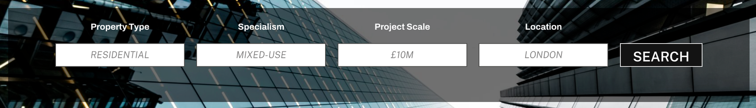 A dark-themed real estate search bar with fields for property type, manufacture, project scale, and location.