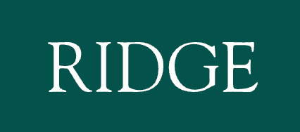Ridge company logo featuring white serif text on a dark teal green background.