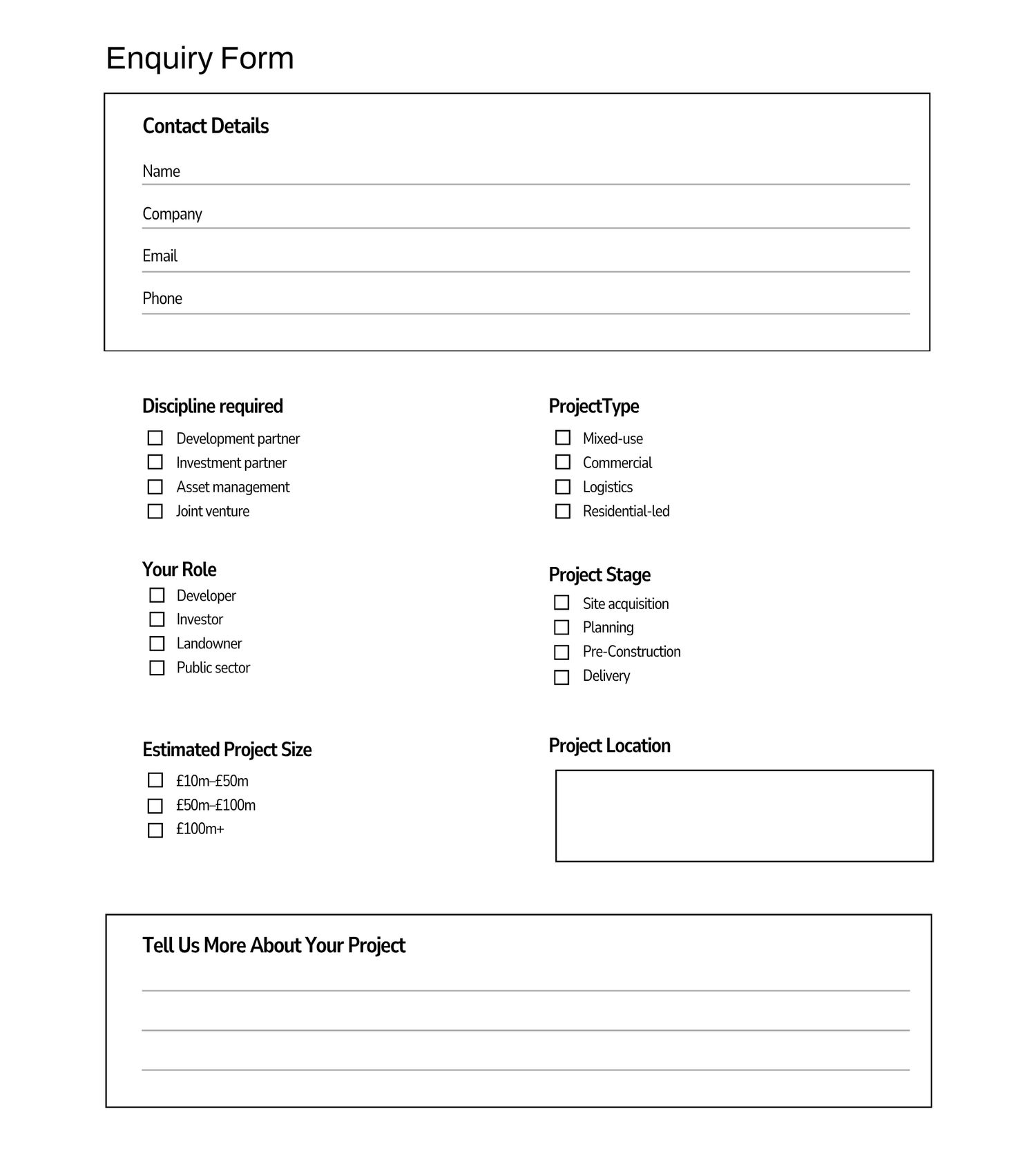 A professional enquiry form with fields for contact details, discipline, project type, role, stage, size, location, and description.