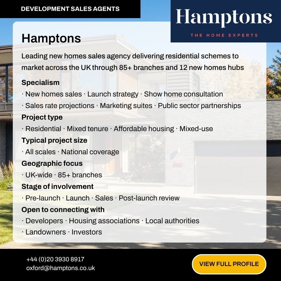 Hamptons Development Sales Agents profile card showing specialisms, project types, and contact details for new homes sales.