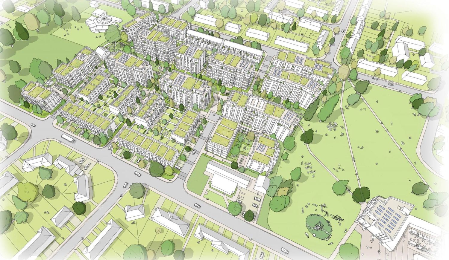 Aerial architectural rendering of a modern residential development with green spaces, mixed-height buildings, and tree-lined streets.