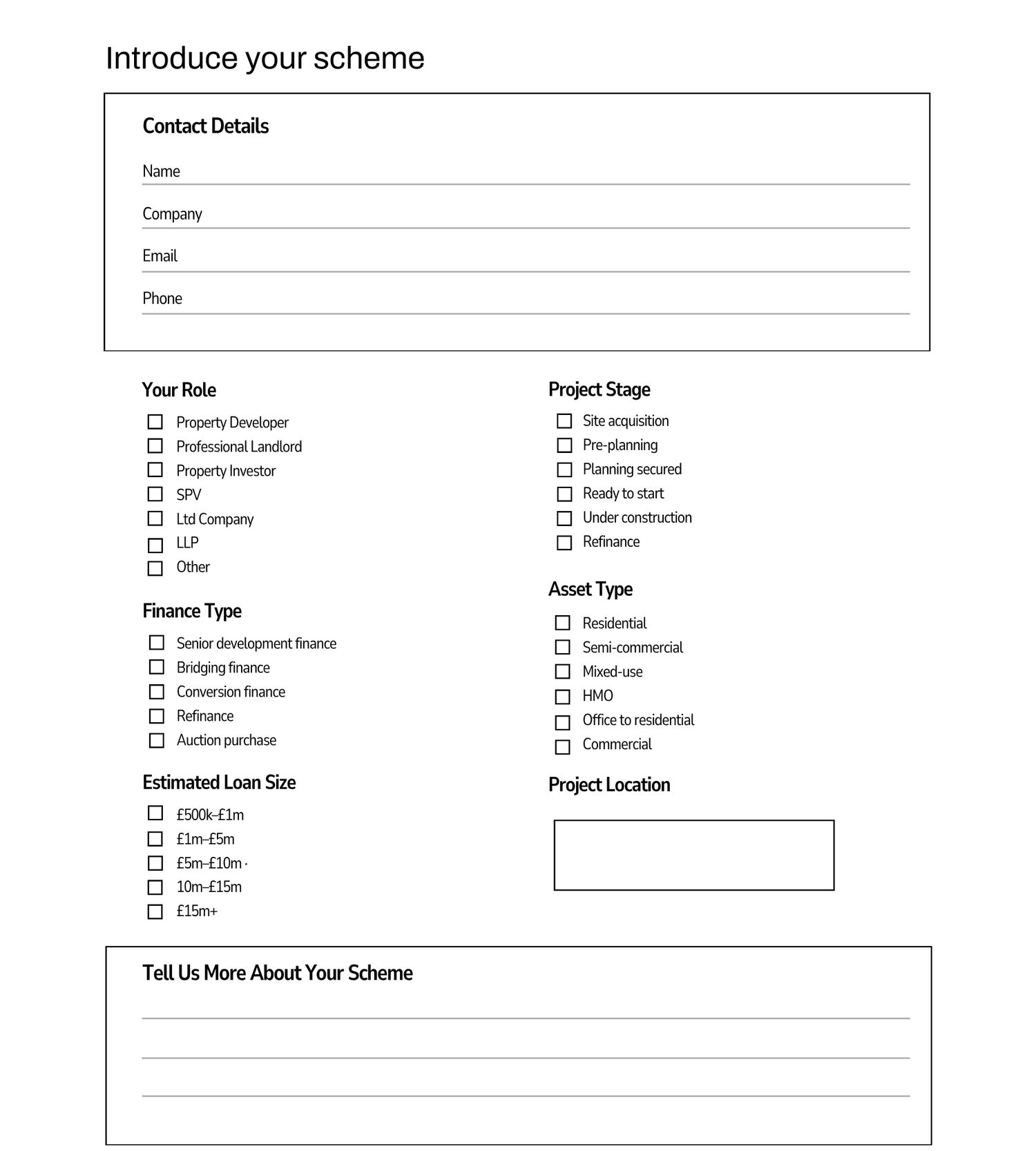 A property scheme introduction form with contact details, role, finance type, loan size, project stage, asset type, and location fields.