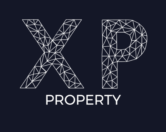 XP Property logo featuring geometric polygon letters X and P in white wireframe design on dark navy background.