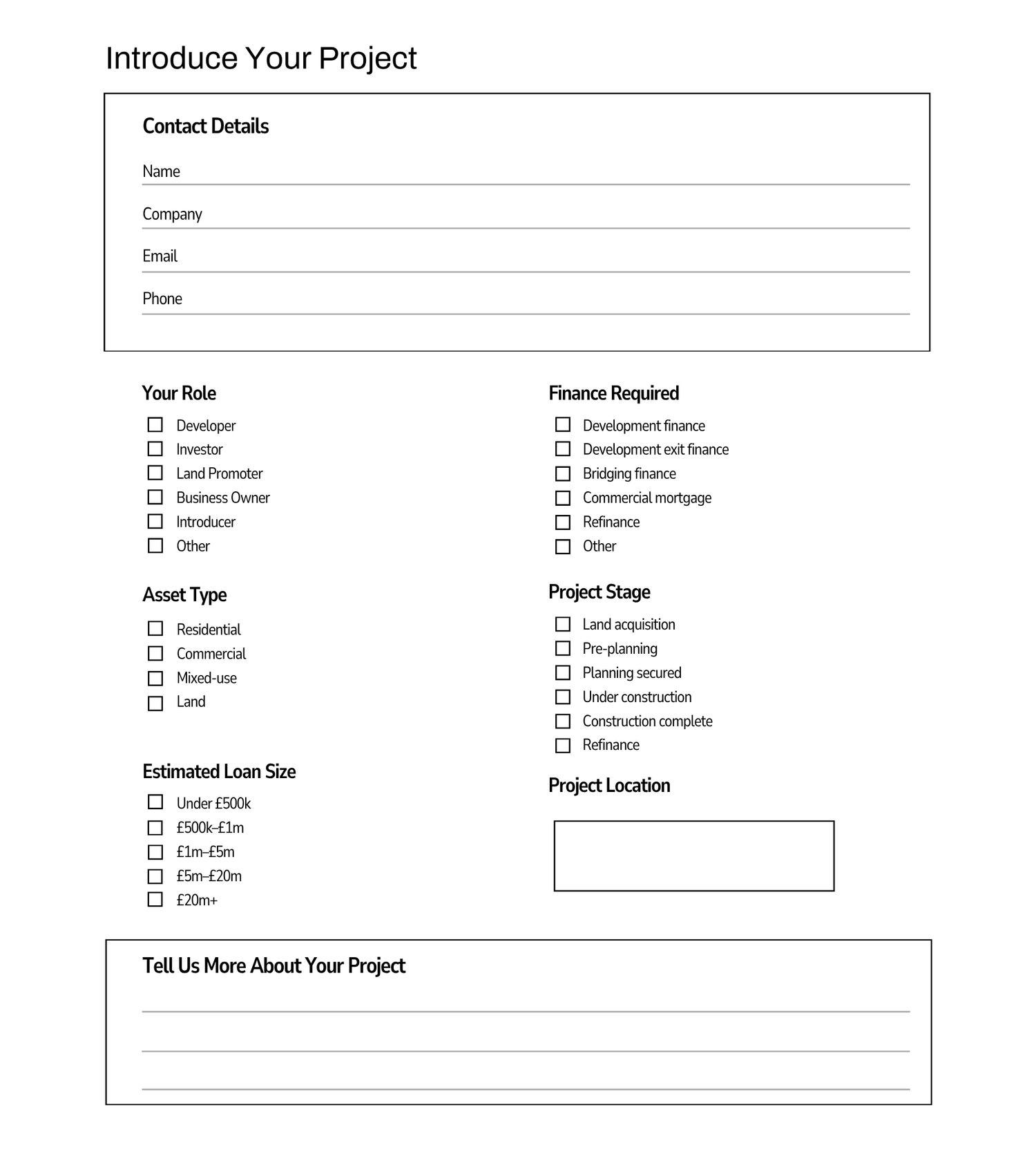 Project introduction form with contact details, role, asset type, loan size, finance required, project stage, and location fields.