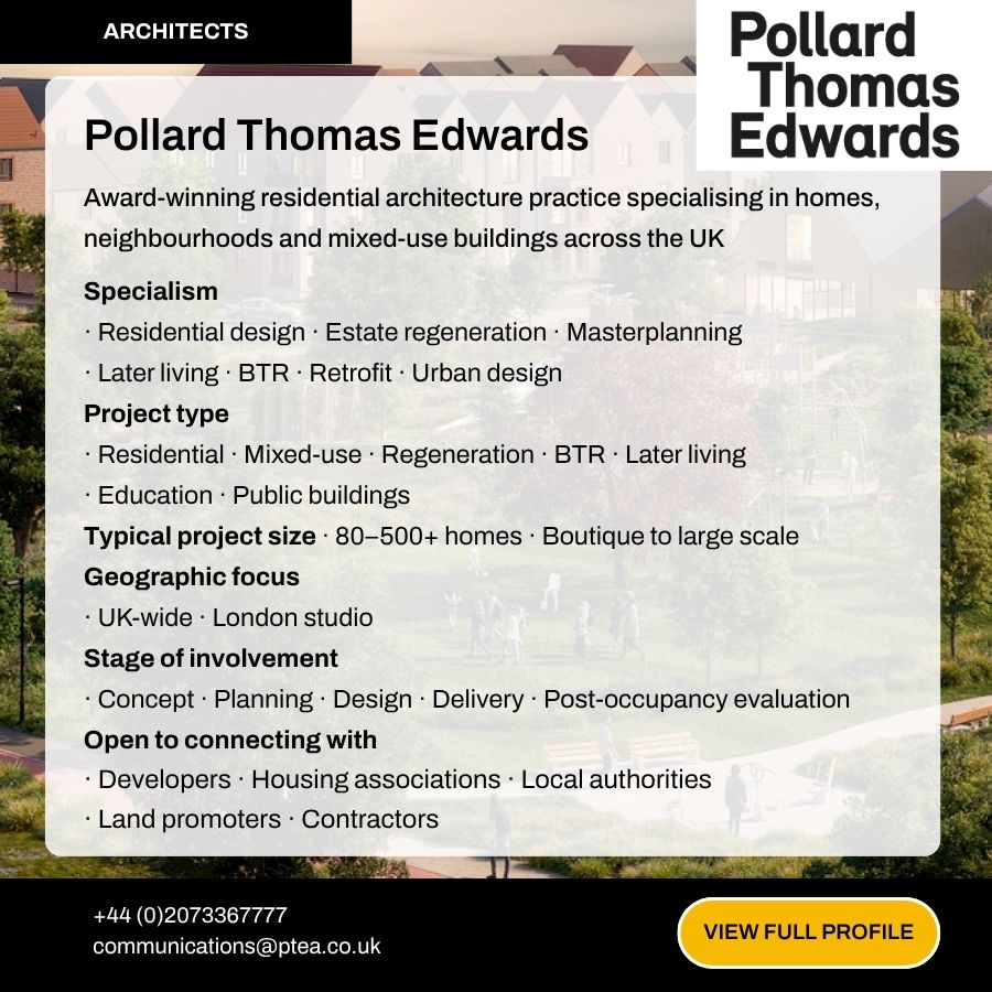 Pollard Thomas Edwards architects profile card showcasing residential design specialisms, project types, and London studio contact details.