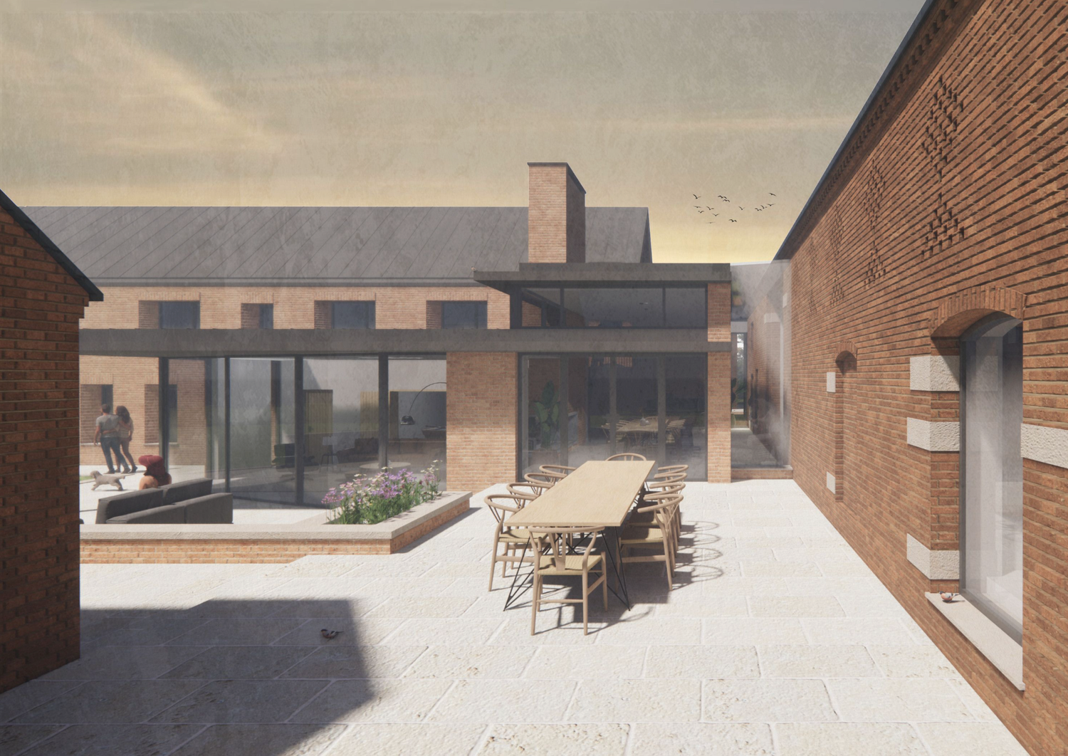 Architectural rendering of a modern brick courtyard with dining area, glass extensions, and slate roof under a cloudy sky.