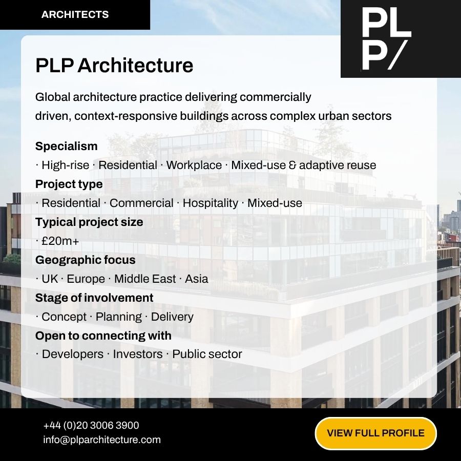PLP Architecture firm profile card detailing specialisms, project types, and geographic focus in UK, Europe, Middle East, and Asia.