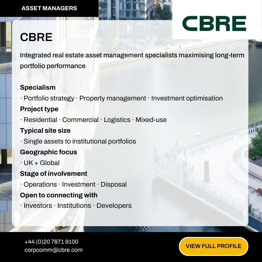 CBRE asset managers profile card showcasing real estate portfolio management services, specialisms, and UK global investment focus.
