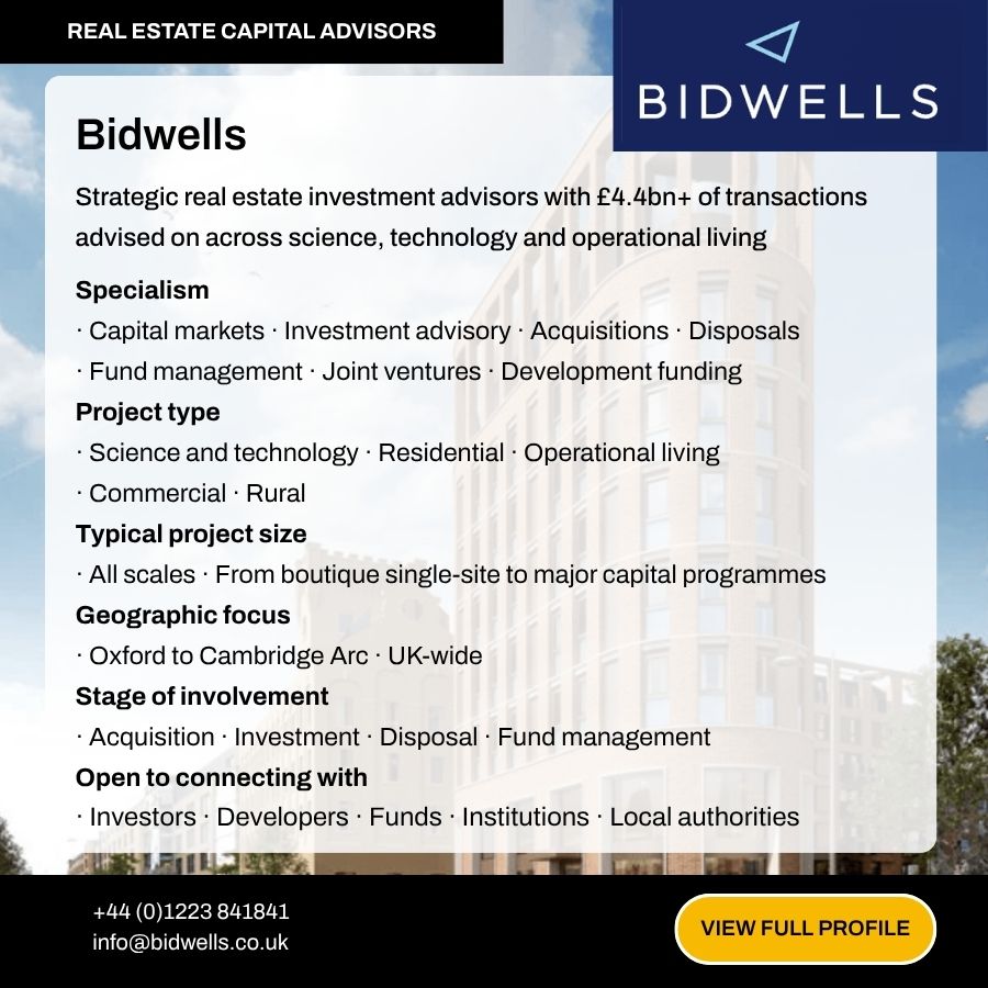 Bidwells real estate capital advisors profile card showing specialisms, project types, and contact details.