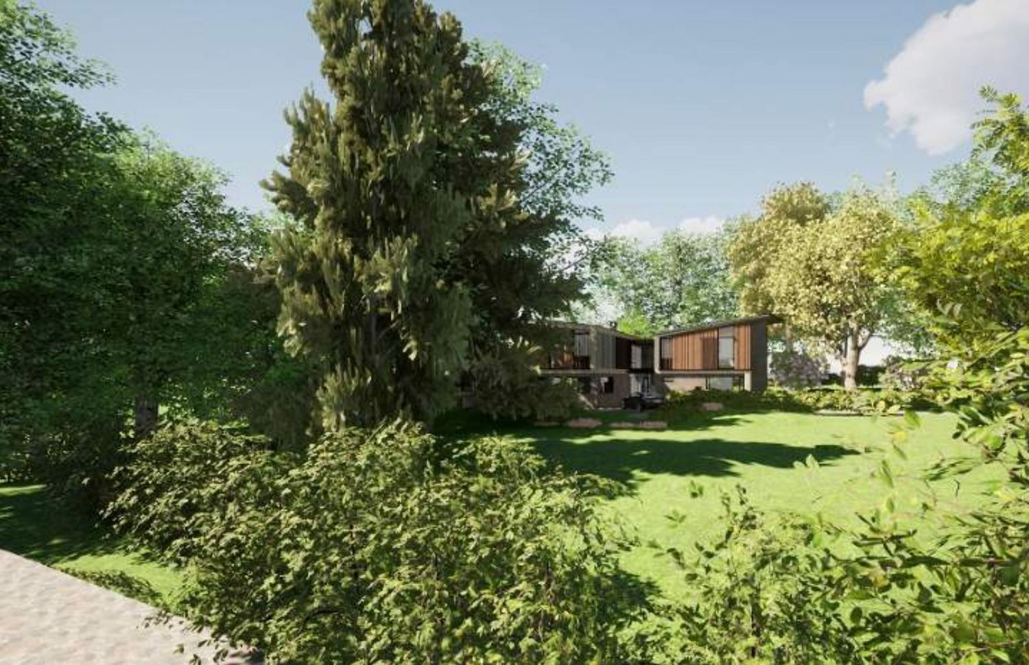 A modern wooden house nestled among lush green trees and manicured lawn in a serene suburban garden setting.