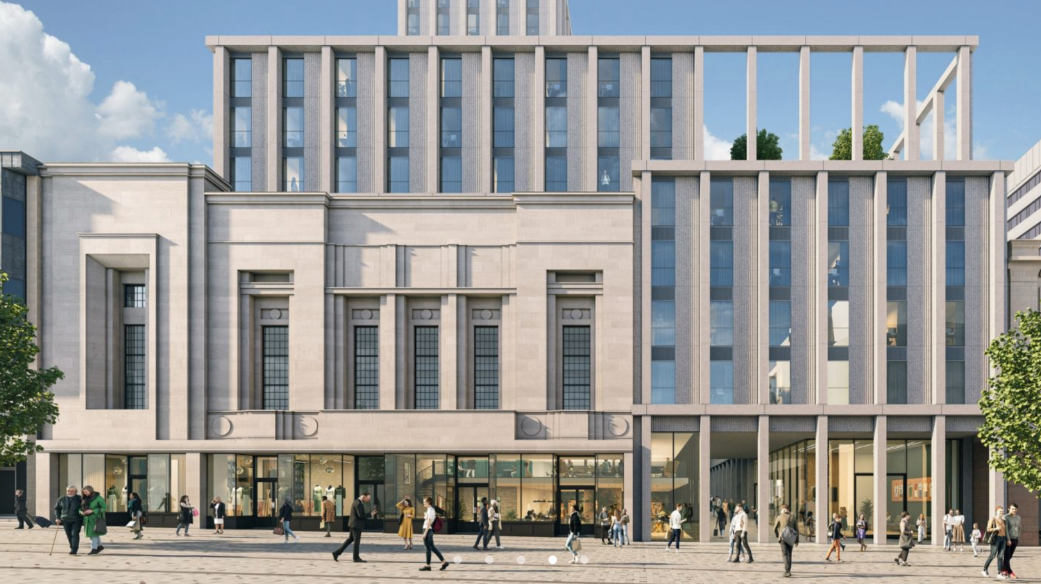 Modern neoclassical office building with stone facade, glass entrance, and urban plaza with pedestrians in a city center.