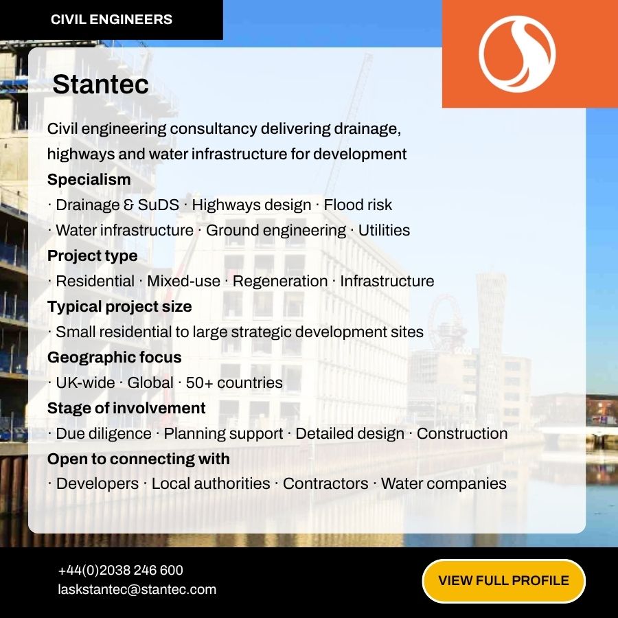 Stantec civil engineering consultancy profile card showing services, specialisms, and contact details for UK infrastructure projects.