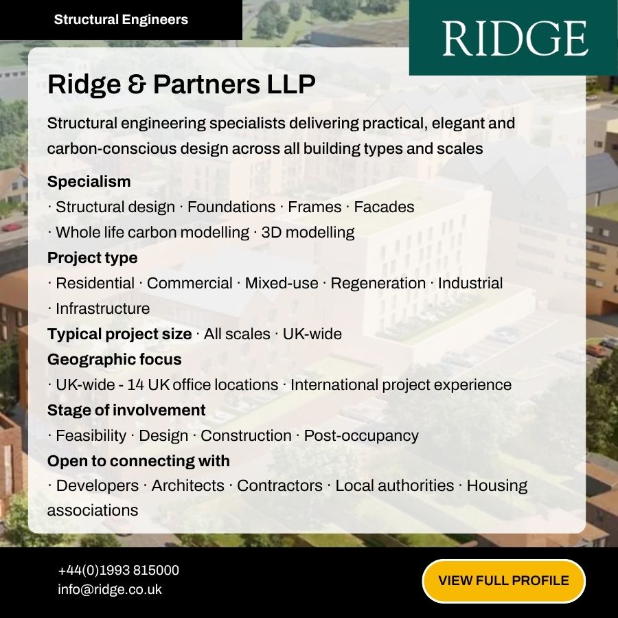 Ridge & Partners LLP structural engineering firm profile card showing services, project types, and UK office locations.