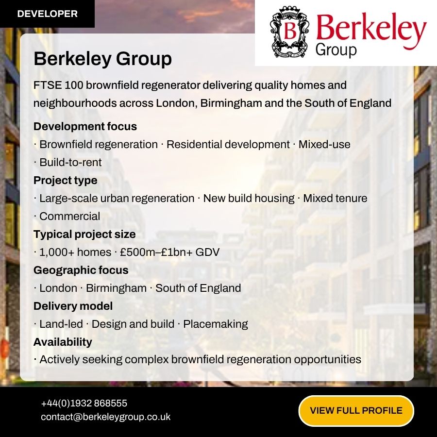 Berkeley Group FTSE 100 brownfield regenerator profile card showing development focus, project types, and contact details.