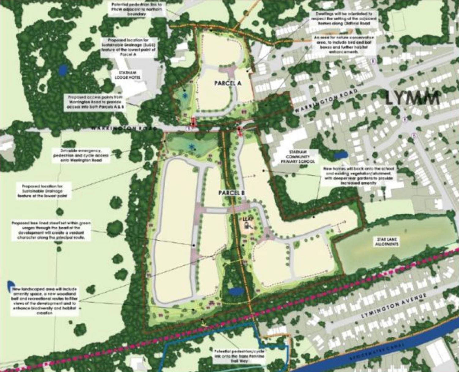 Aerial site plan map showing proposed residential development layout with parcels A and B near Lymm, featuring green spaces.