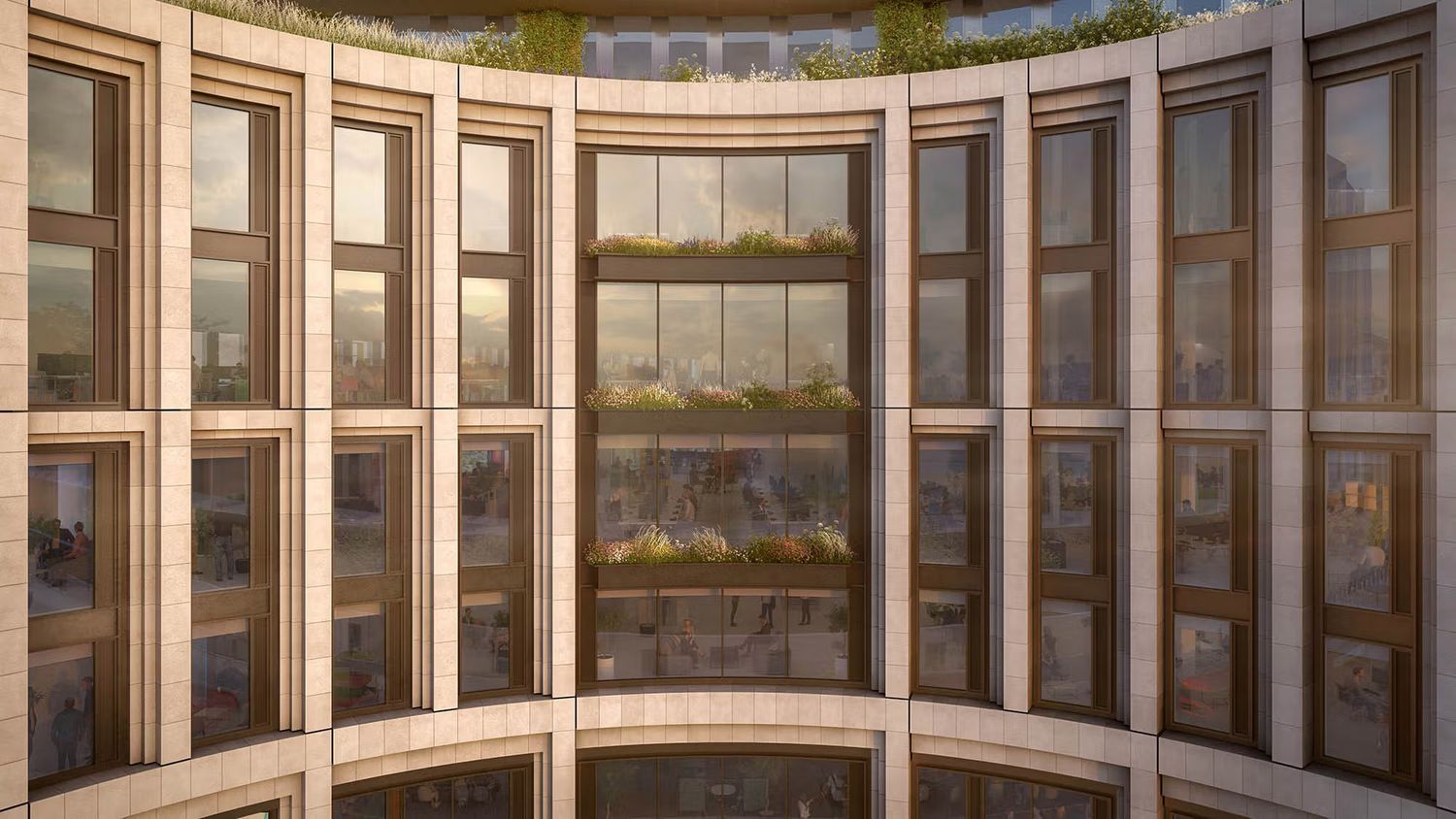 Curved luxury building facade with floor-to-ceiling windows and lush rooftop greenery in warm bronze tones.