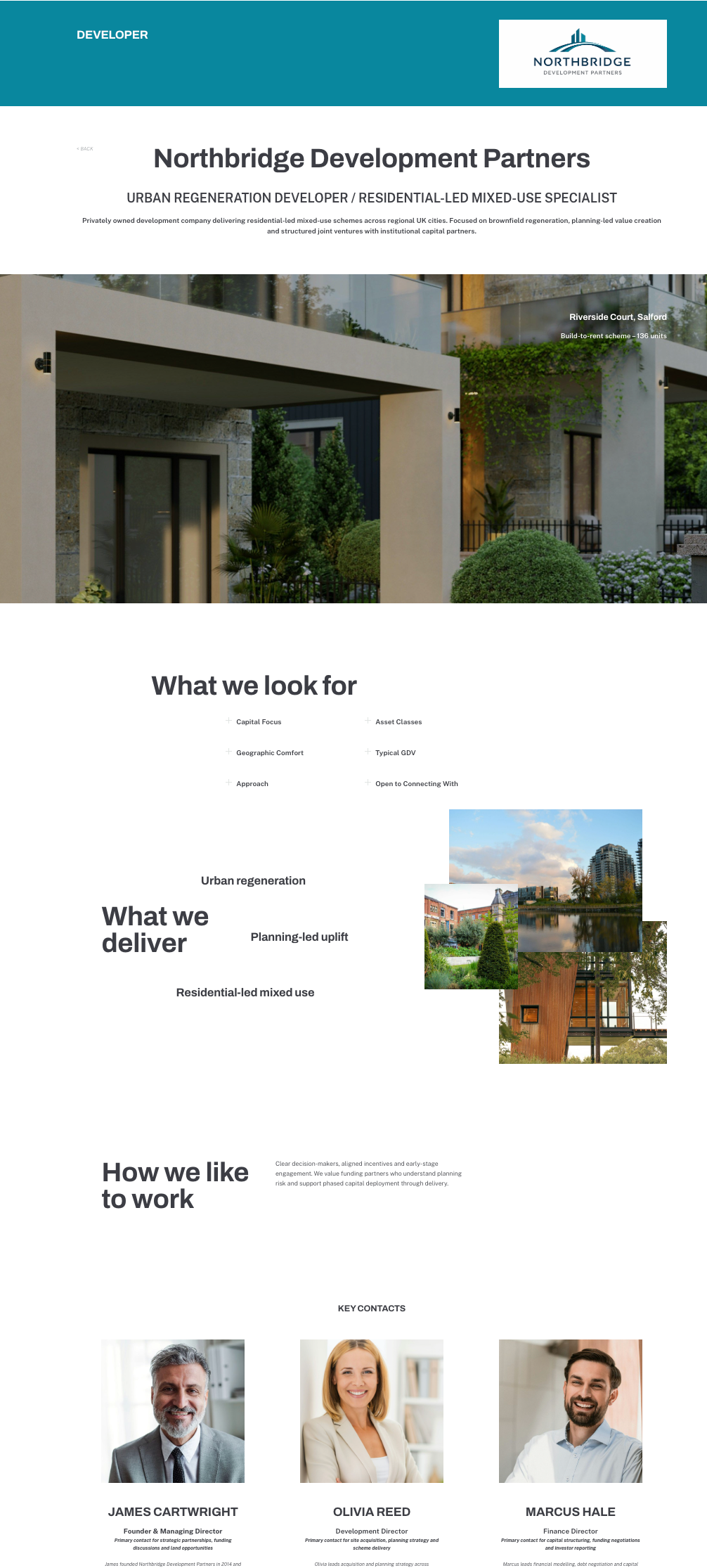 Modern business website layout showcasing real estate development projects with team member profiles and property images.