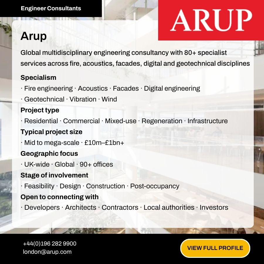 Arup engineering consultancy profile card showing specialisms, project types, and contact details for London office.